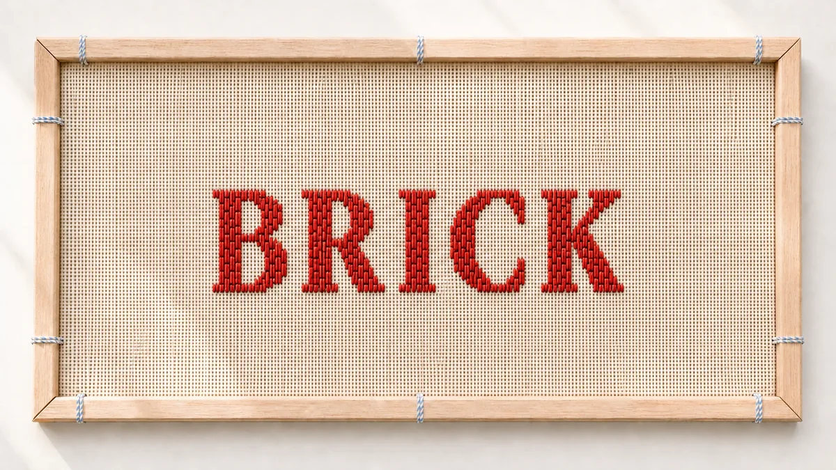 Framed needlepoint canvas spelling BRICK in a visual interpretation of the brick stitch